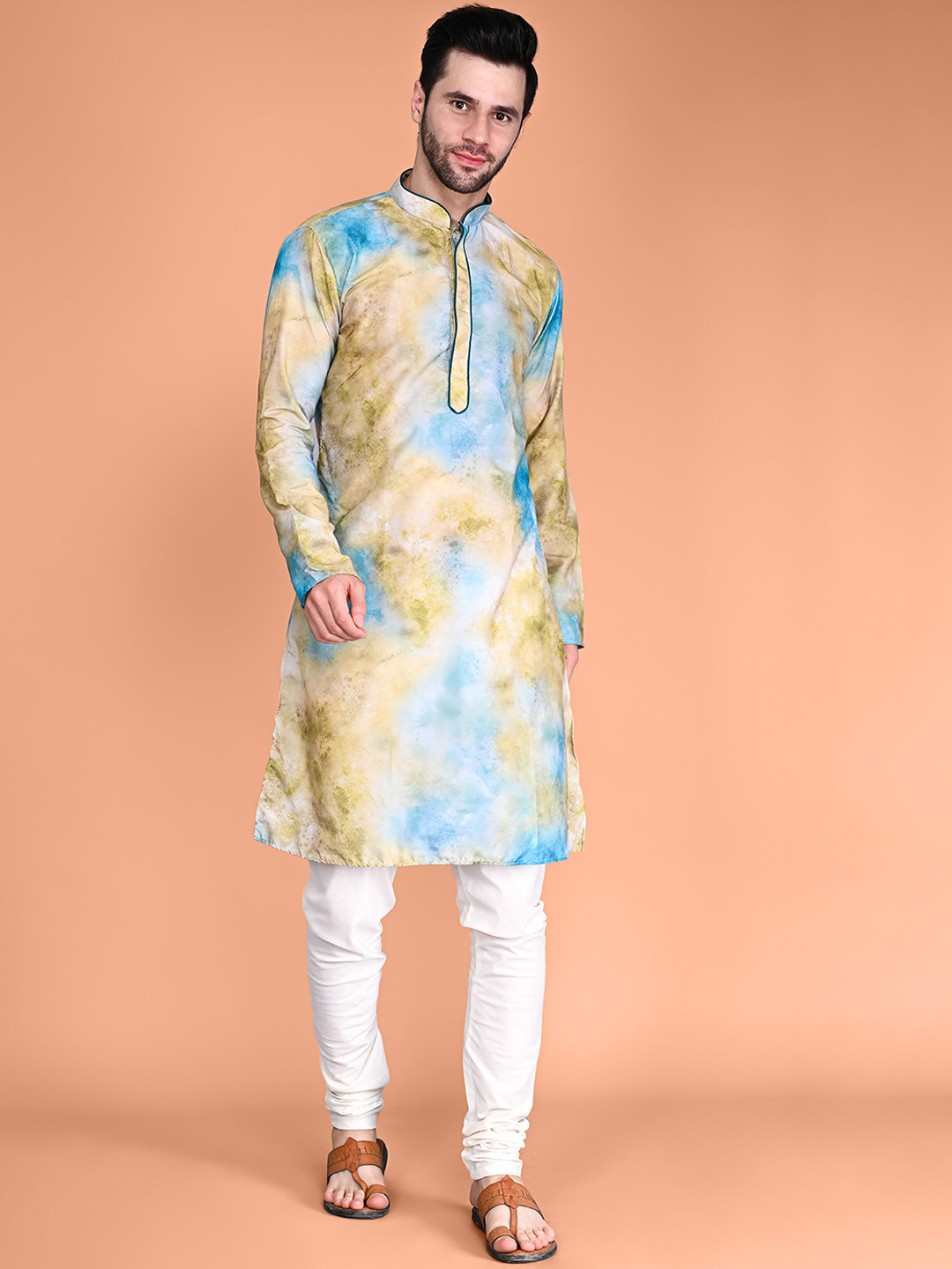 

VESHAM Mandarin Collar Long Sleeves Straight Kurta with Churidar, Yellow