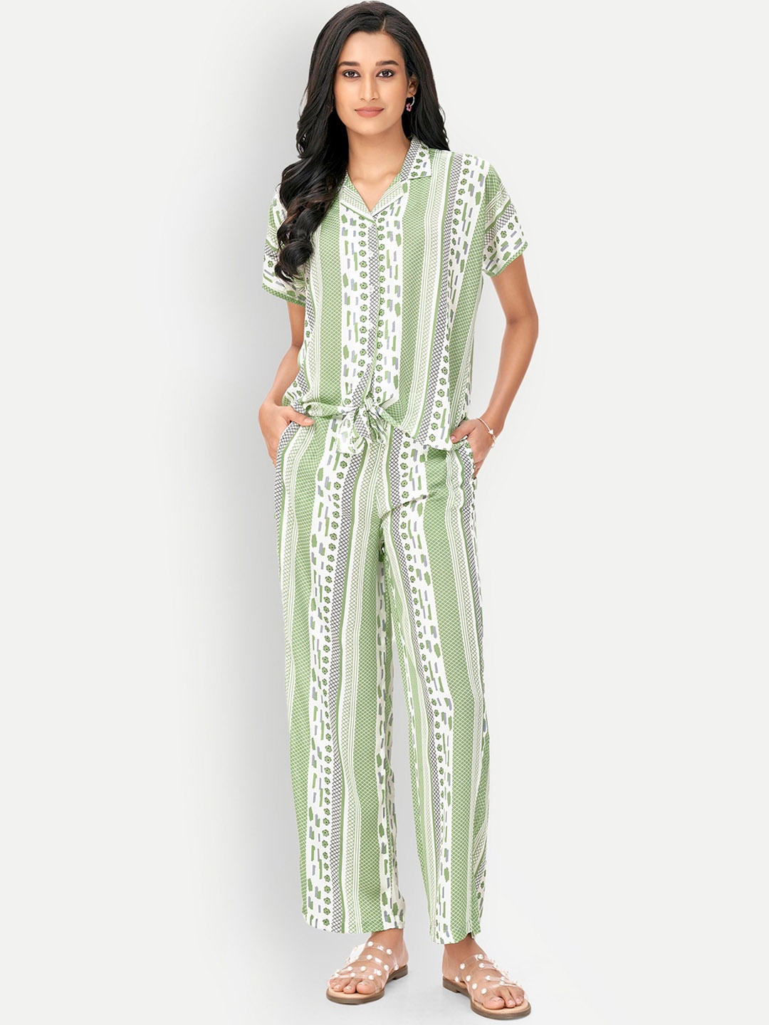 

DRESOUL Printed Satin Lattice Collar Neck Shirt With Flared Palazzos, Green