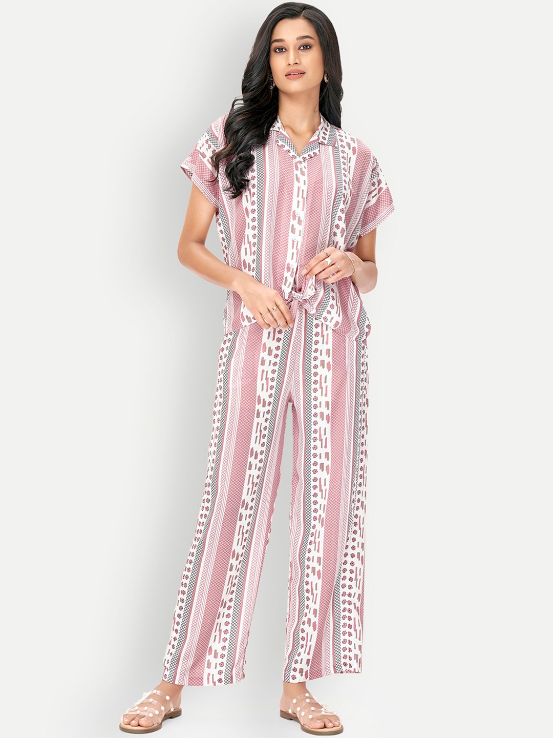 

DRESOUL Printed Tie-Up Shirt With Palazzos, Pink