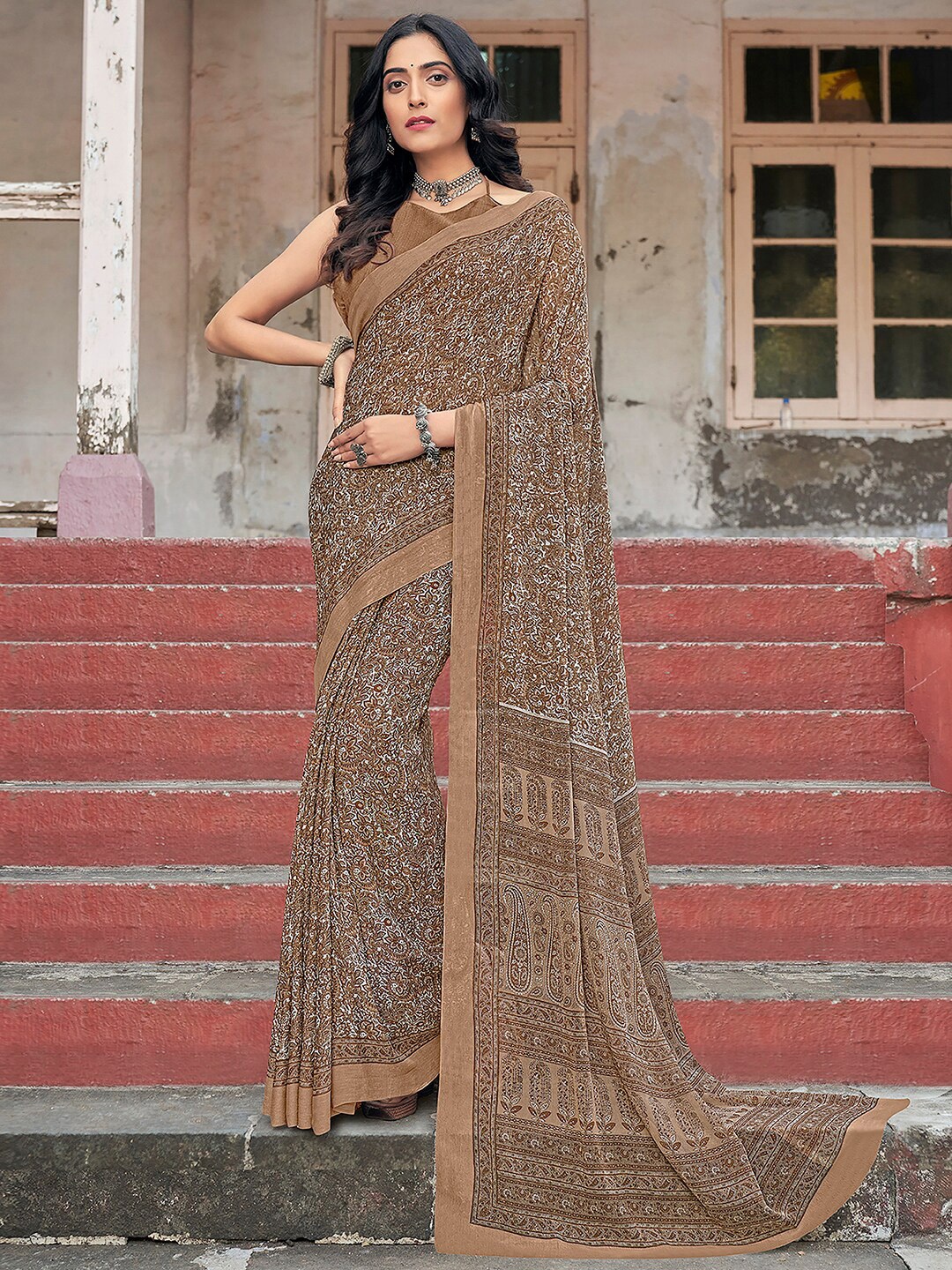 

KALINI Ethnic Motifs Printed Pure Chiffon Saree, Brown
