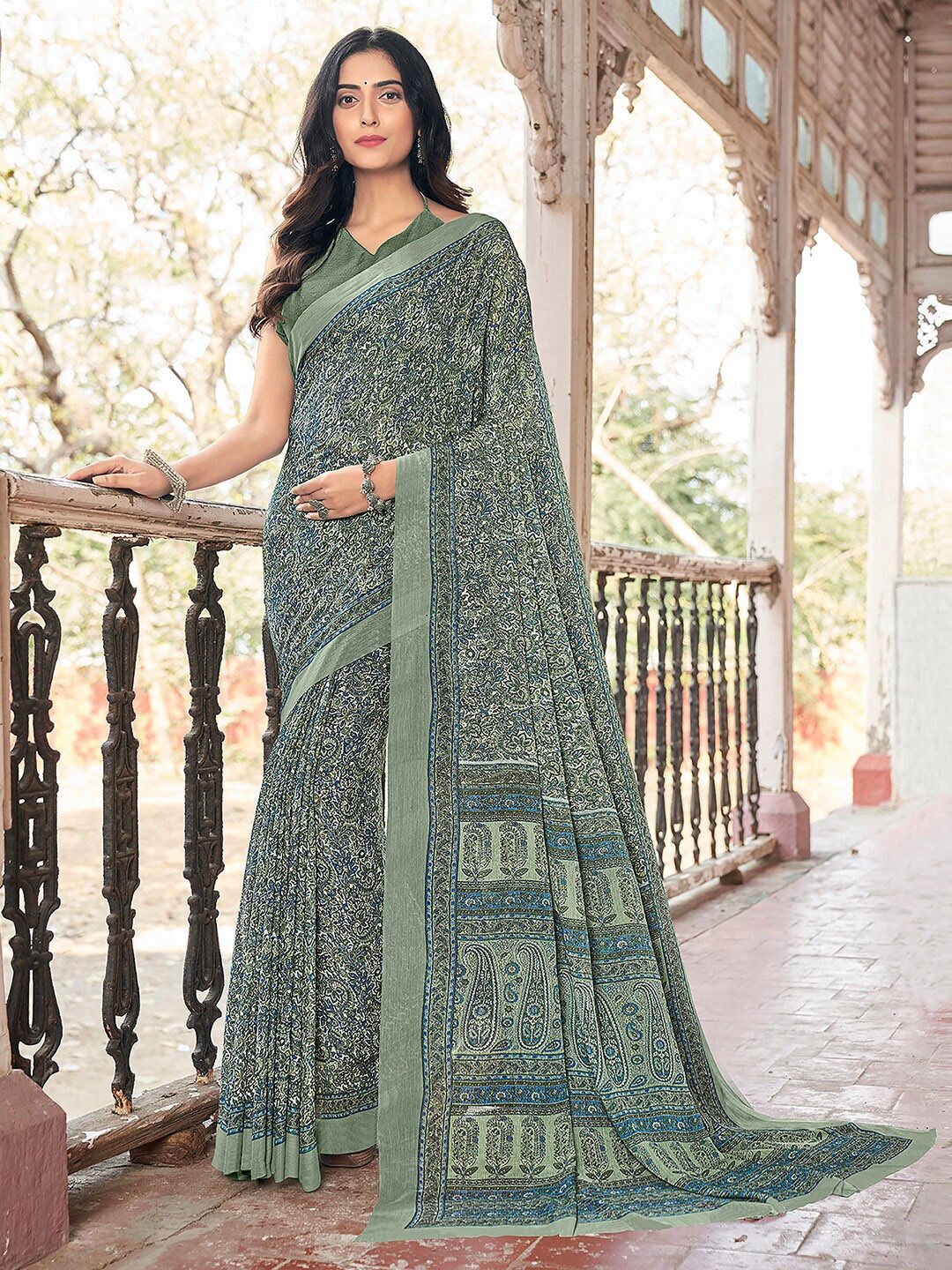 

KALINI Ethnic Motifs Printed Pure Chiffon Saree, Sea green