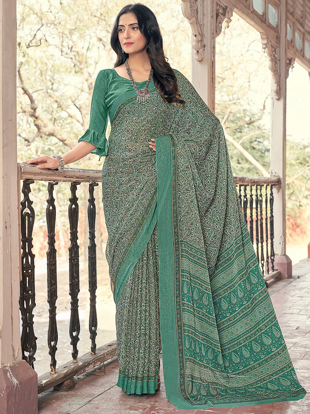 

KALINI Ethnic Motifs Printed Poly Chiffon Saree, Sea green