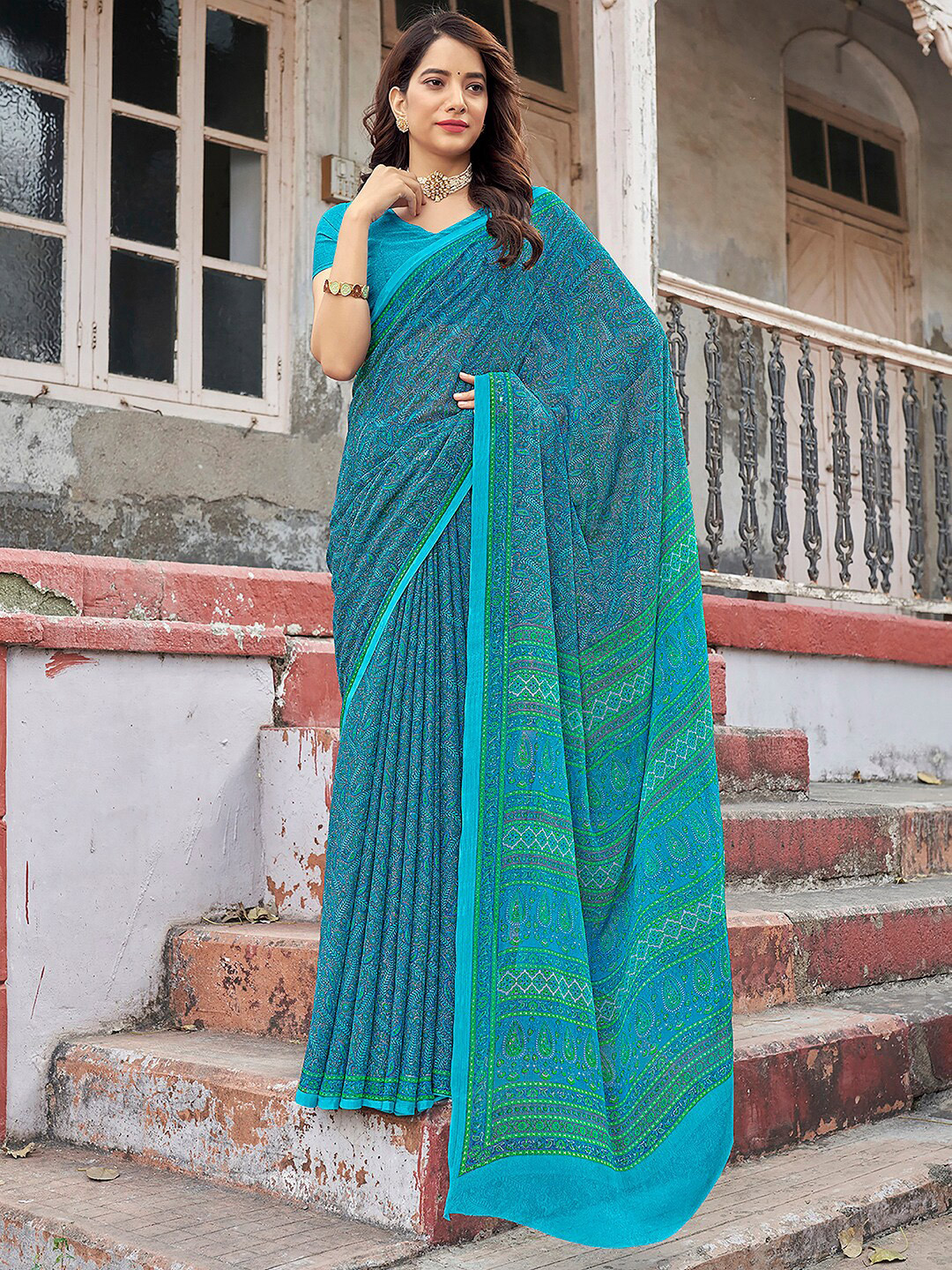 

KALINI Paisley Pure Chiffon Dabu Saree, Blue