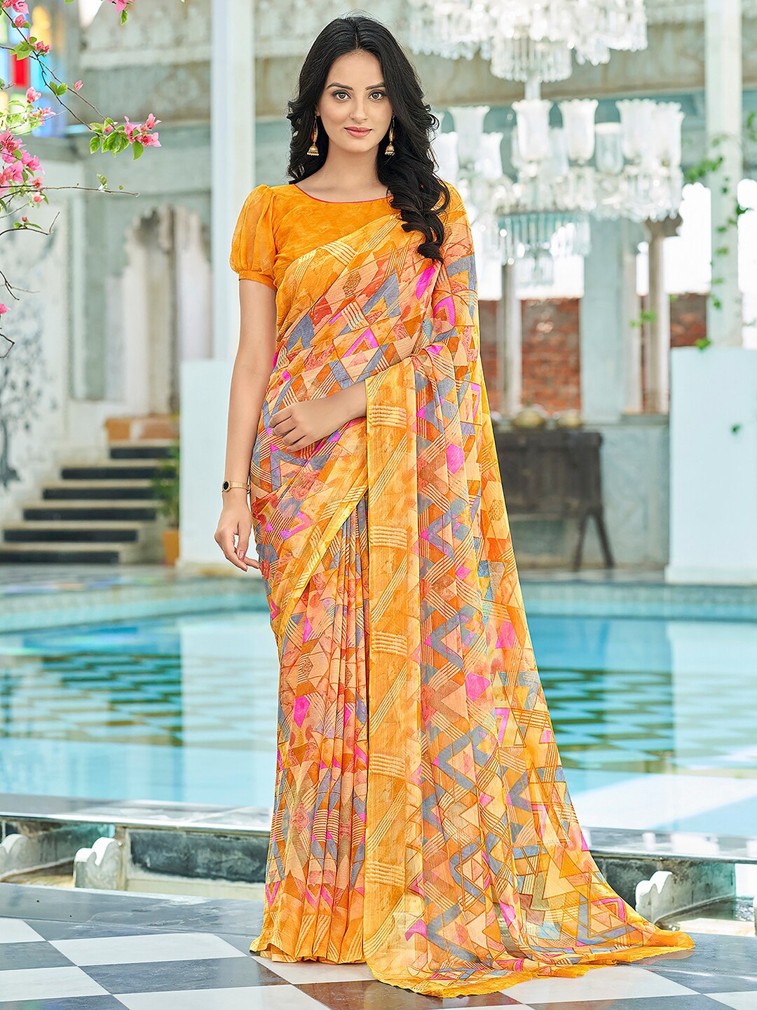 

KALINI Geometric Printed Poly Chiffon Dabu Saree, Yellow