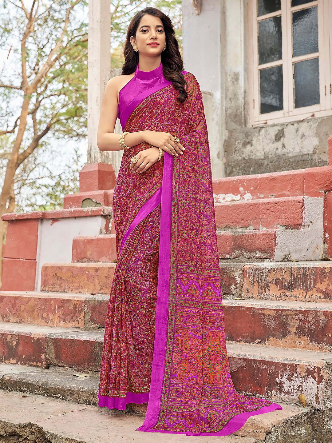 

KALINI Paisley Printed Pure Chiffon Dabu Saree, Magenta