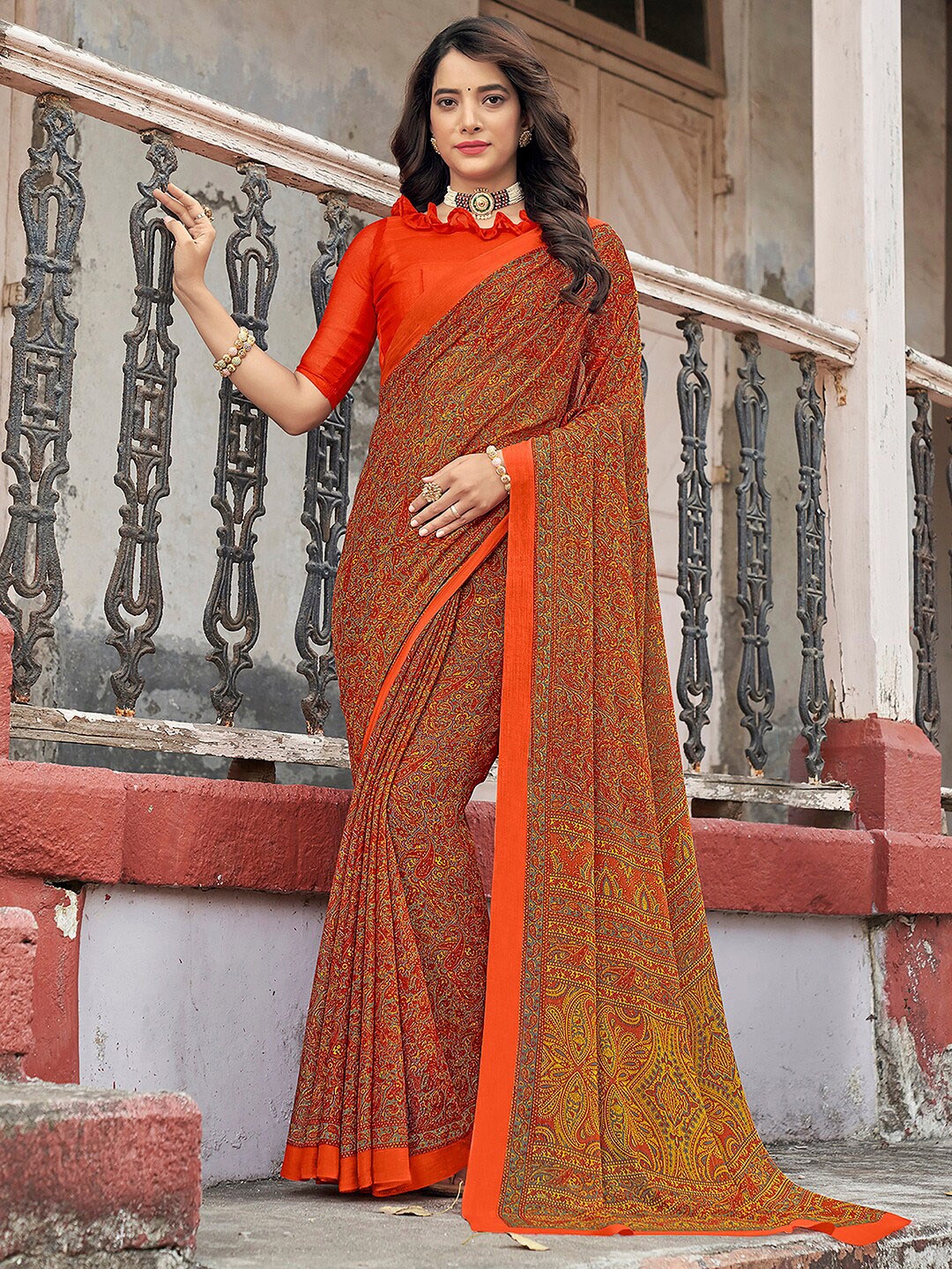 

KALINI Paisley Printed Pure Chiffon Dabu Saree, Orange