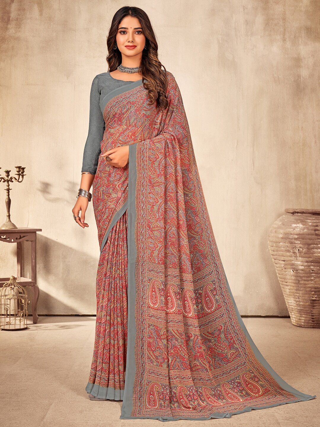 

KALINI Paisley Printed Pure Georgette Dabu Saree, Grey