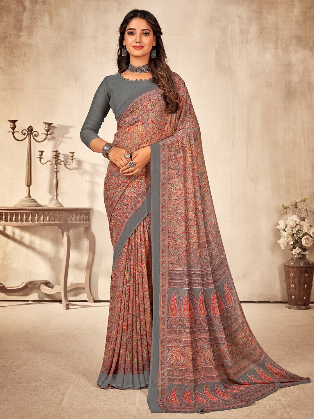 

KALINI Paisley Printed Poly Georgette Dabu Saree, Grey