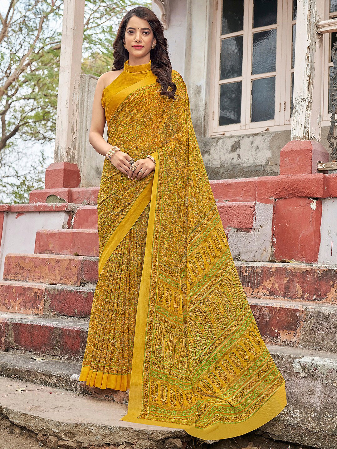 

KALINI Paisley Printed Pure Chiffon Dabu Saree, Yellow