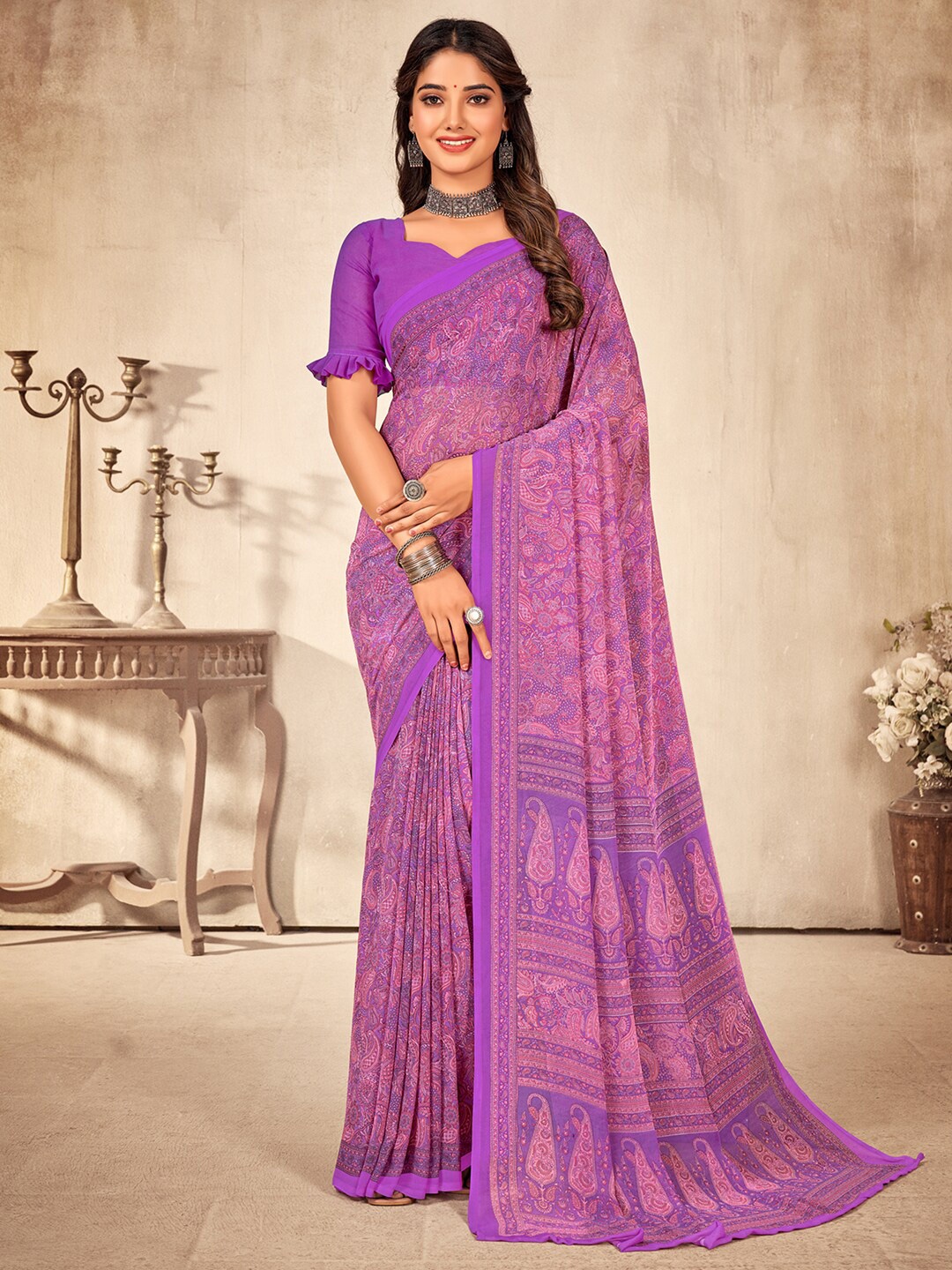 

KALINI Paisley Printed Pure Georgette Dabu Saree, Purple