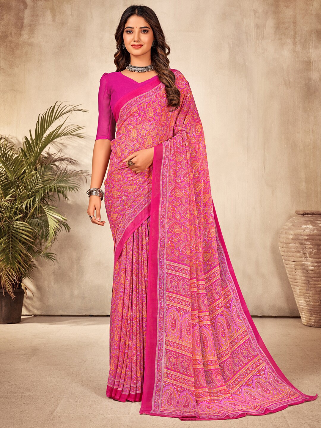 

KALINI Paisley Printed Pure Georgette Dabu Saree, Pink