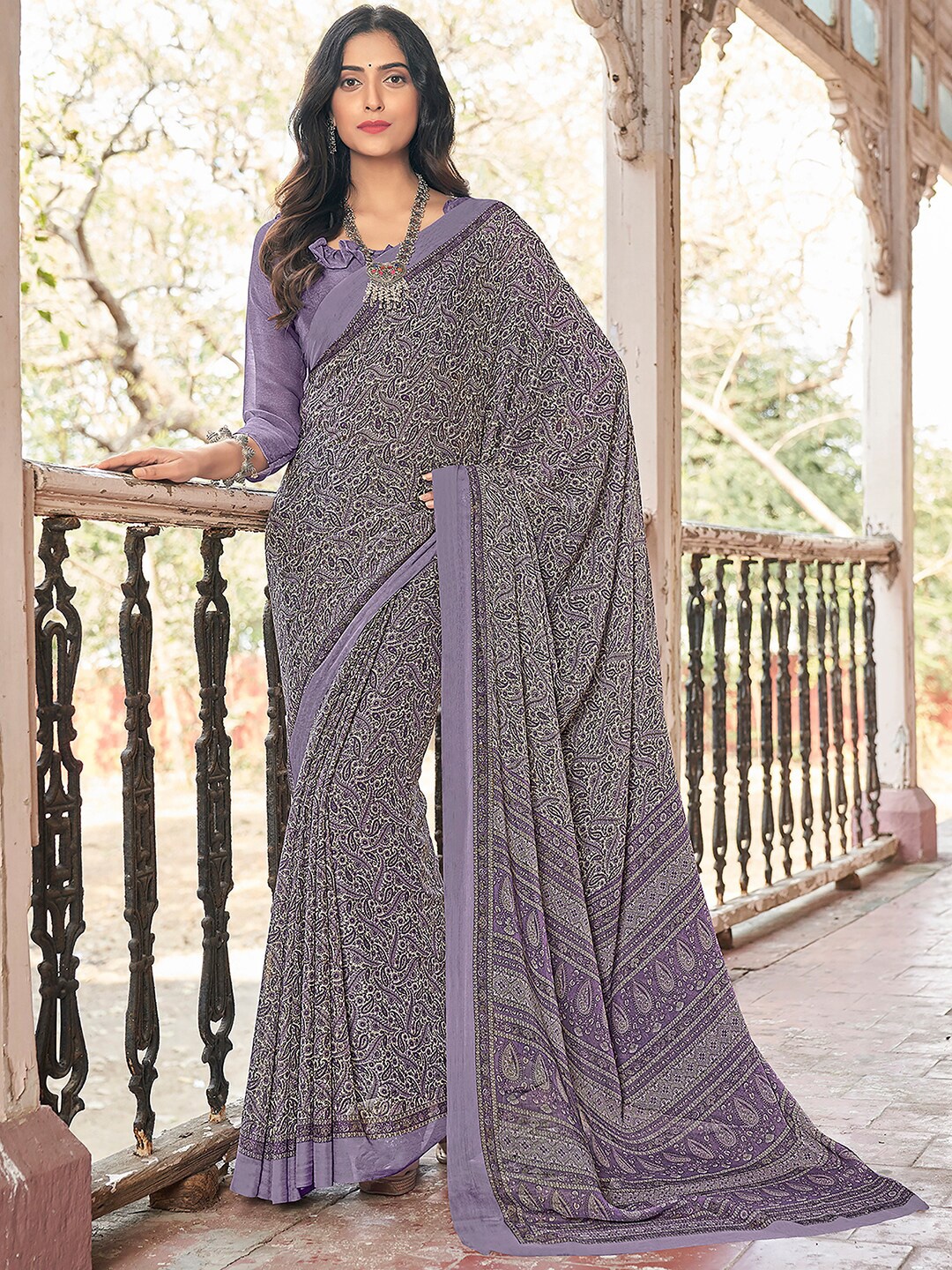 

KALINI Paisley Printed Pure Chiffon Dabu Saree, Lavender