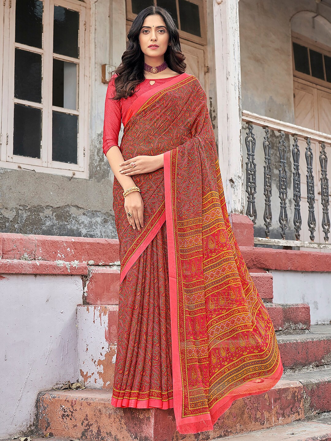 

KALINI Paisley Printed Pure Chiffon Dabu Saree, Pink