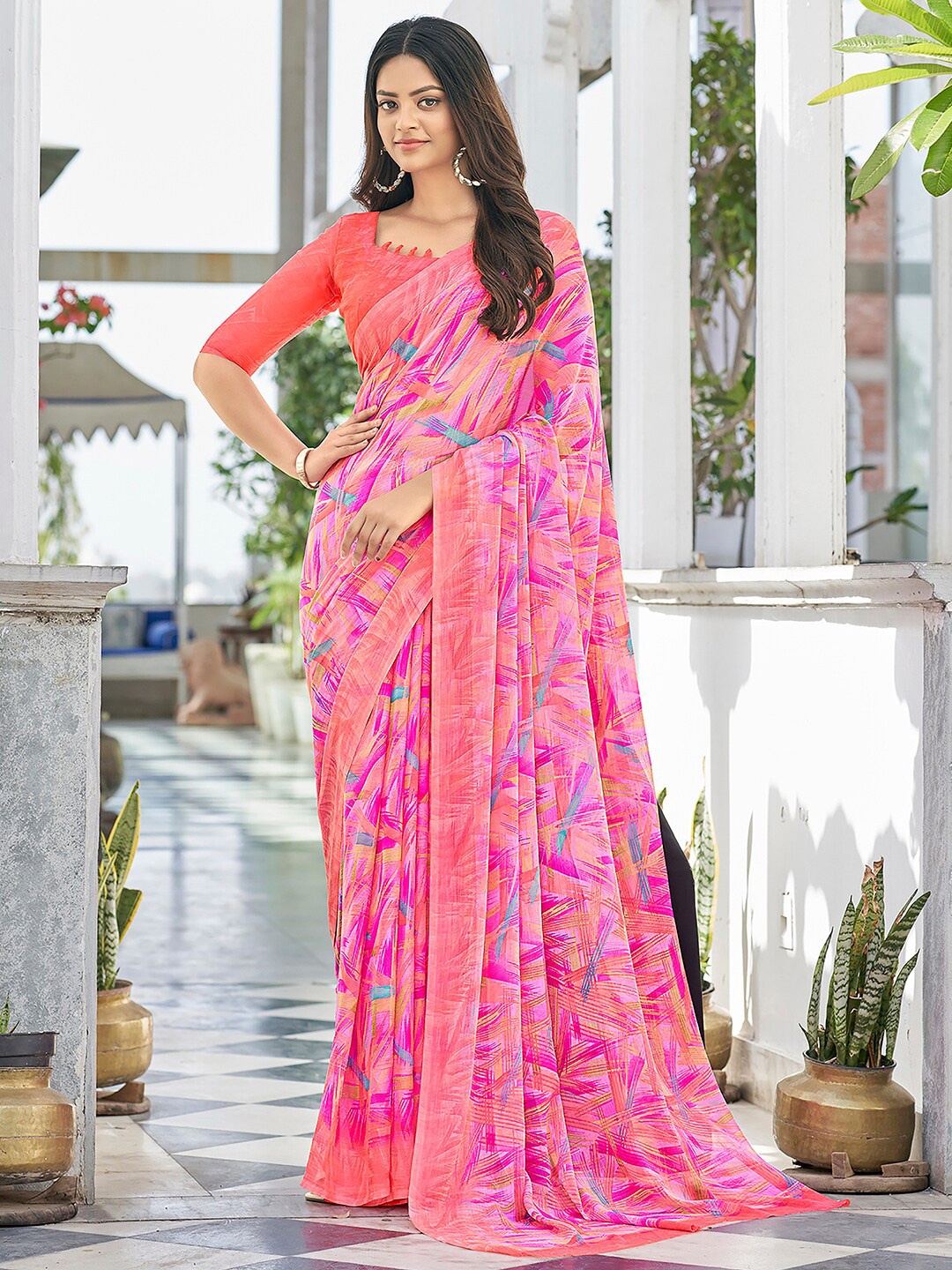 

KALINI Abstract Printed Poly Chiffon Dabu Saree, Pink