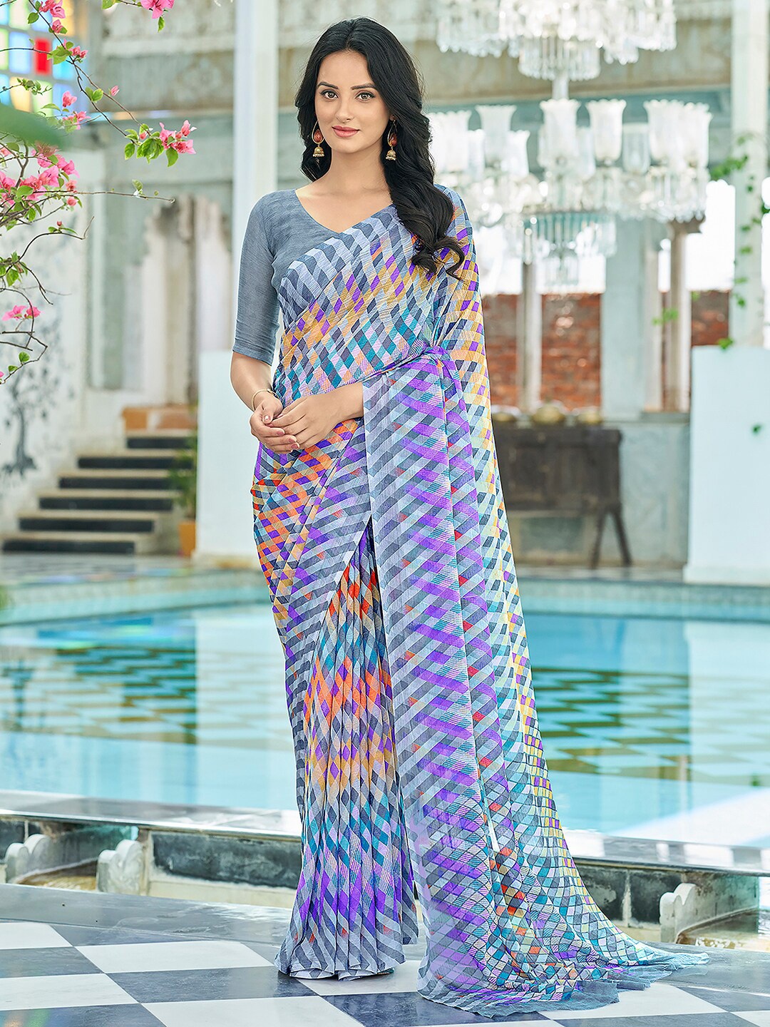 

KALINI Geometric Printed Poly Chiffon Dabu Saree, Grey