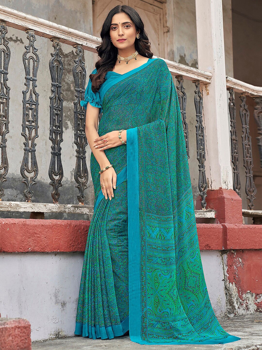 

KALINI Paisley Printed Pure Chiffon Dabu Saree, Blue