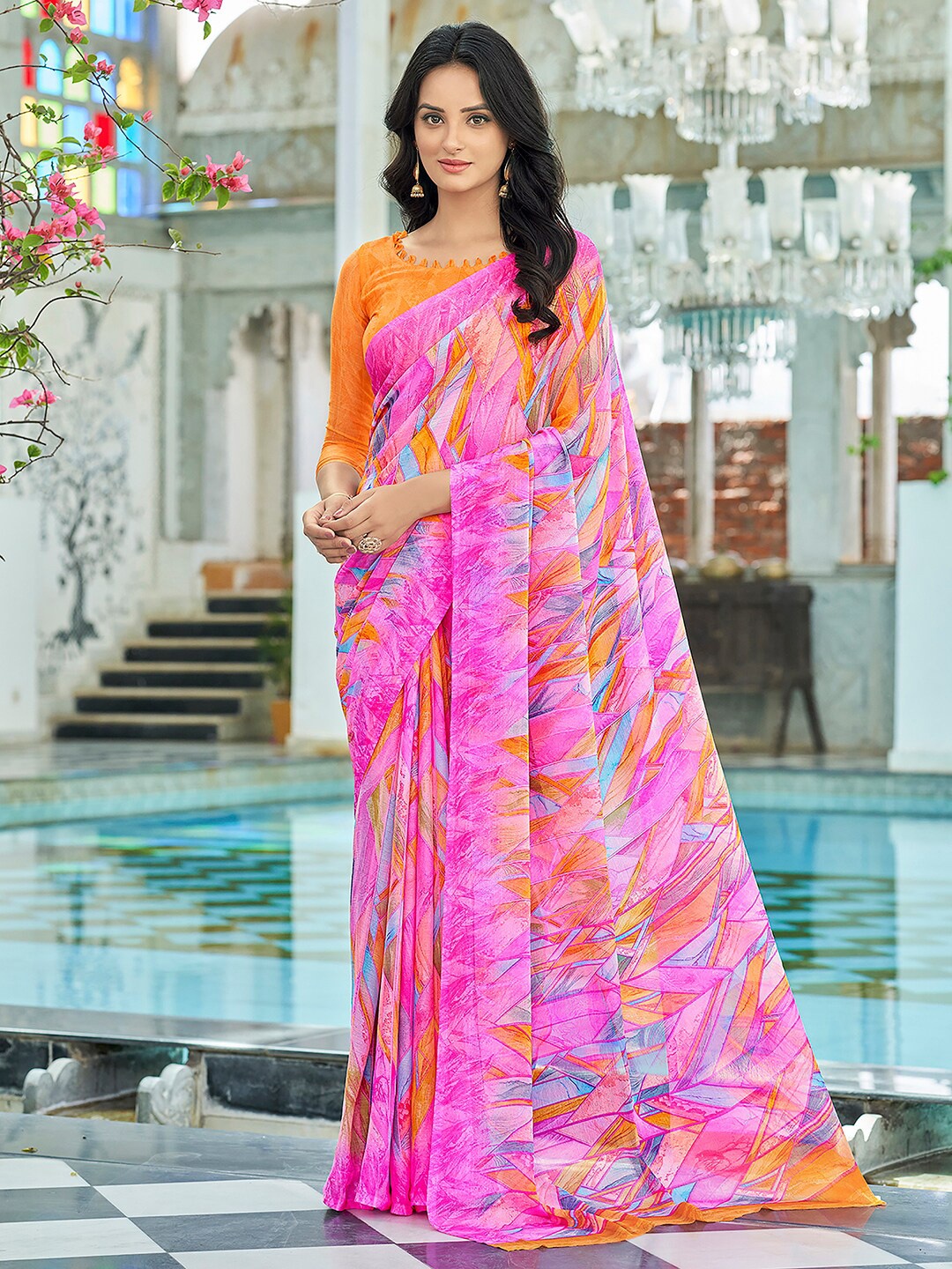 

KALINI Geometric Printed Poly Chiffon Dabu Saree, Pink