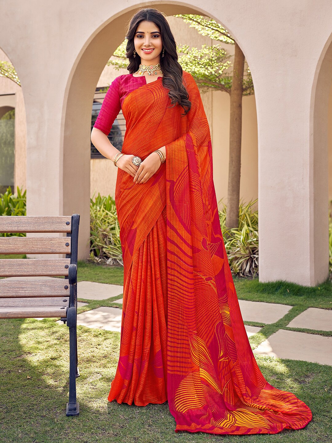 

KALINI Abstract Printed Pure Chiffon Dabu Saree, Orange