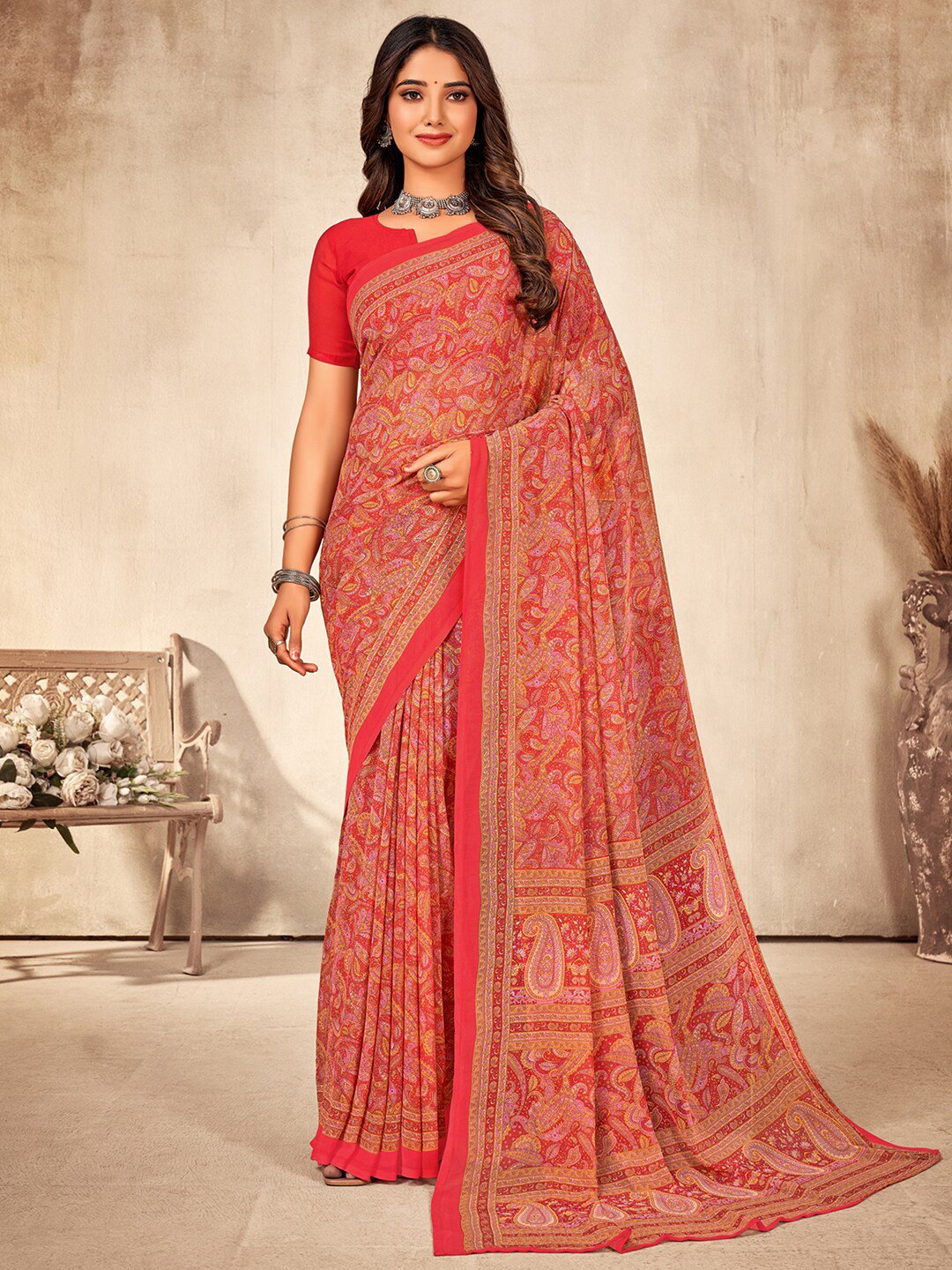 

KALINI Ethnic Motifs Printed Pure Georgette Saree, Red