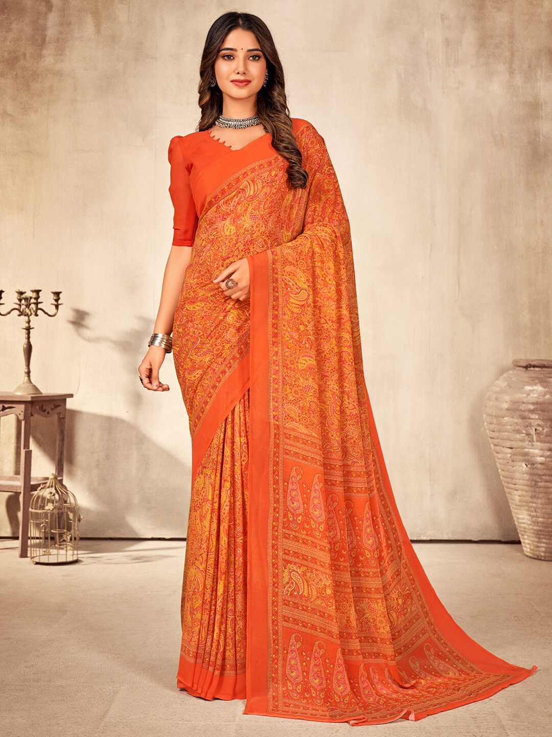 

KALINI Ethnic Motifs Printed Poly Georgette Saree, Orange