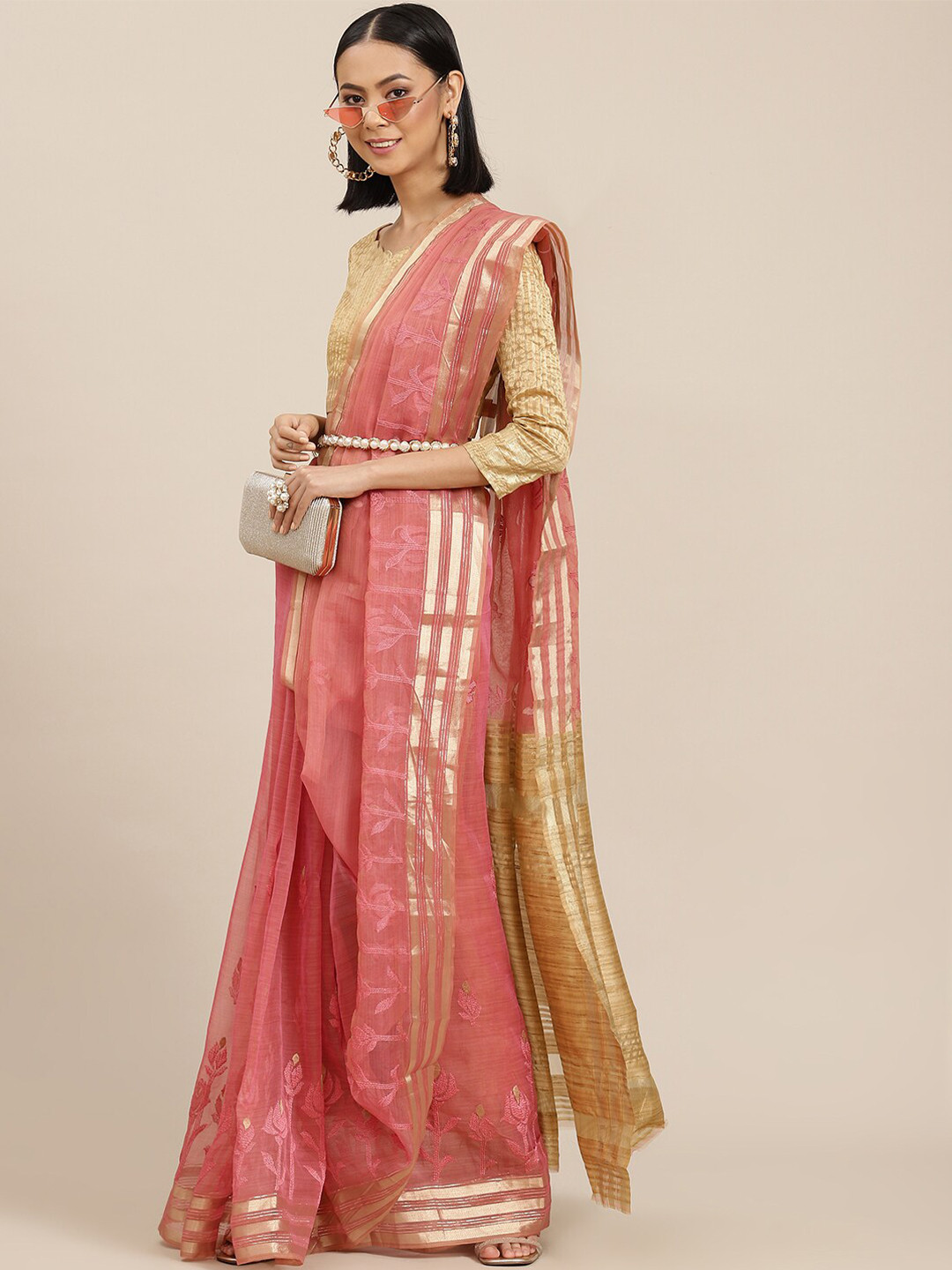 

Mitera Floral Embroidered Organza Maheshwari Saree With Blouse Piece, Pink