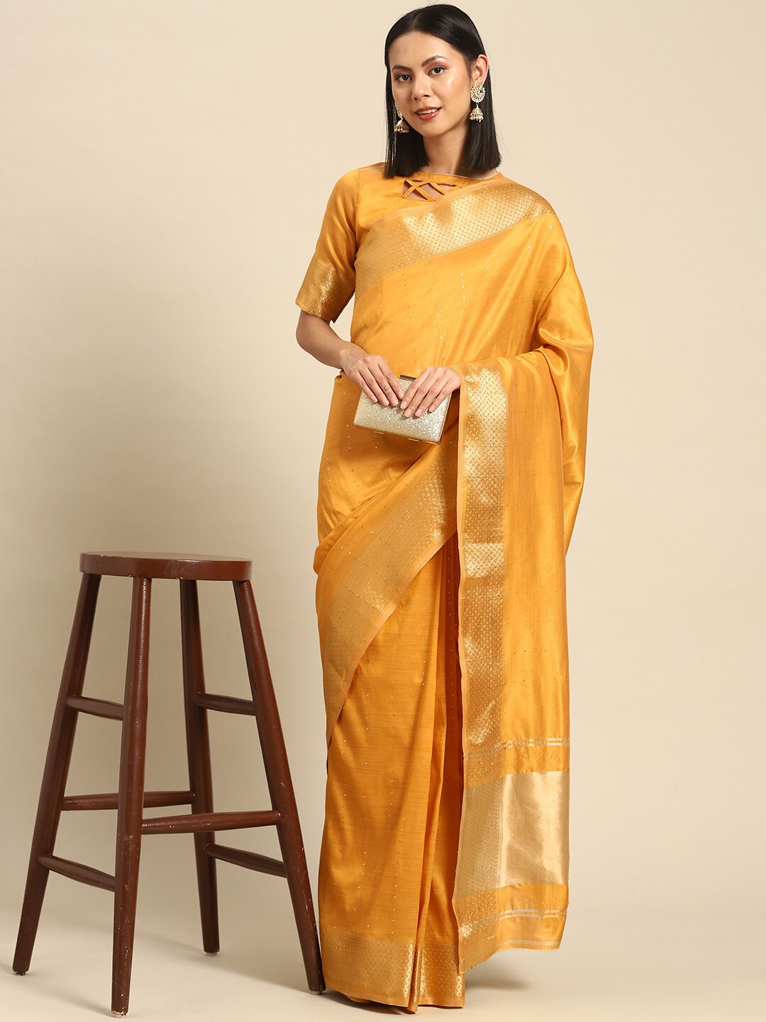 

Mitera Mustard & Gold-Toned Sequin Embellished Silk Cotton Banarasi Saree