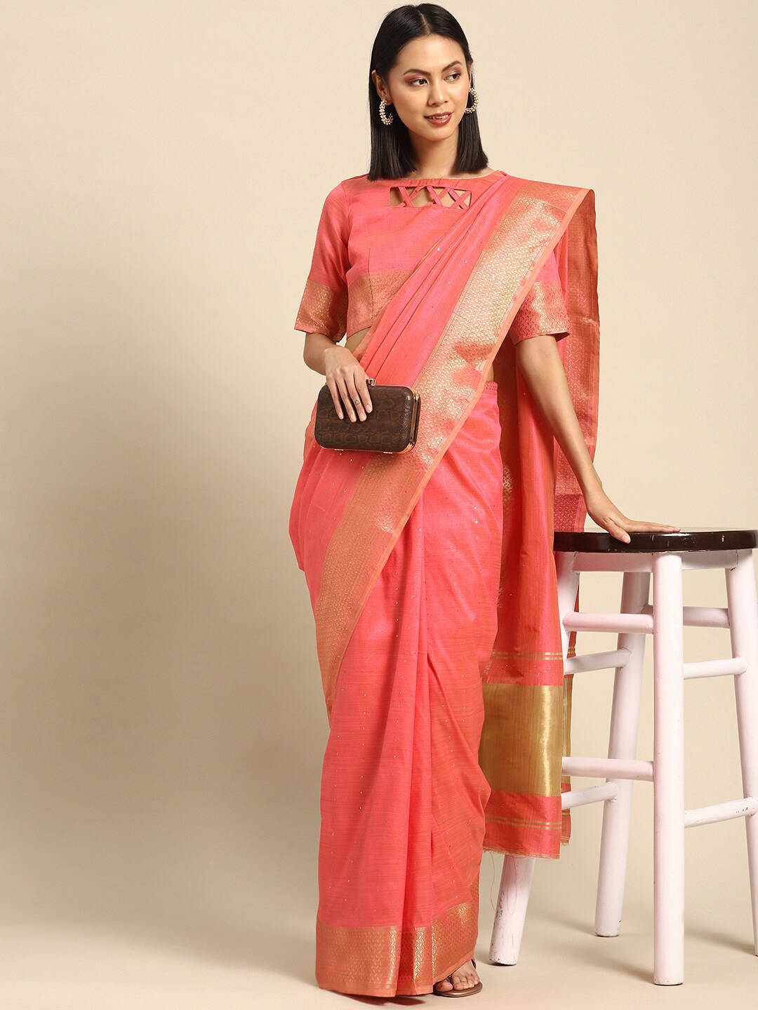 

Mitera Pink & Gold-Toned Sequin Embellished Silk Cotton Banarasi Saree