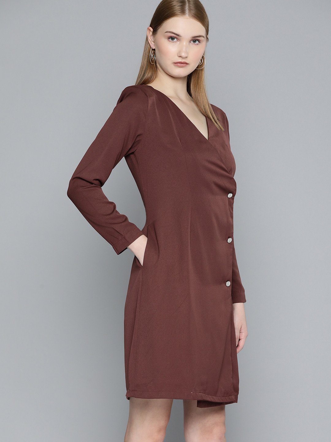 

Chemistry Solid Wrap Mini Dress, Brown