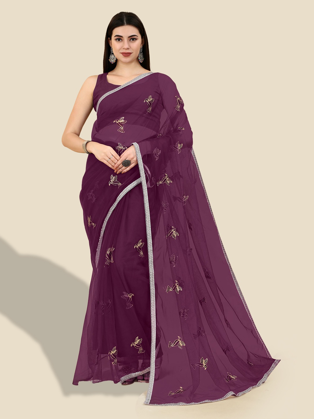 

VAIRAGEE Floral Embroidered Net Saree, Purple