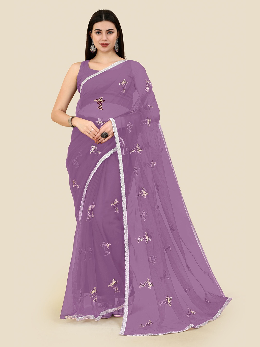 

VAIRAGEE Floral Embroidered Net Saree, Lavender