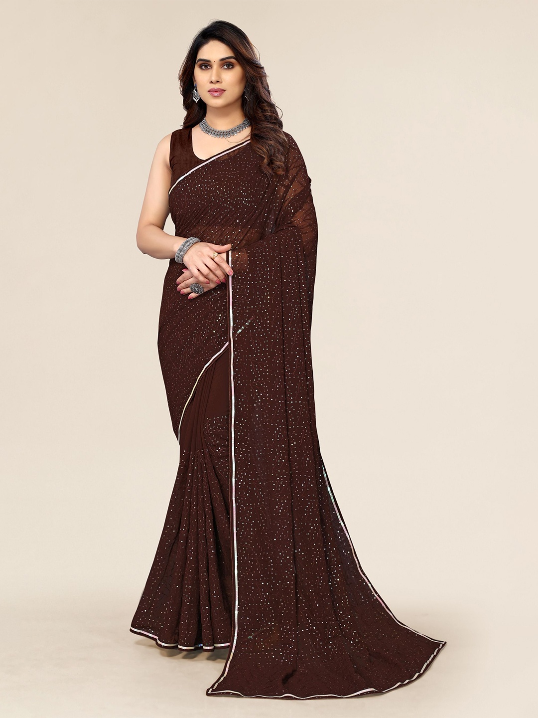 

VAIRAGEE Embellished Poly Georgette Saree, Brown