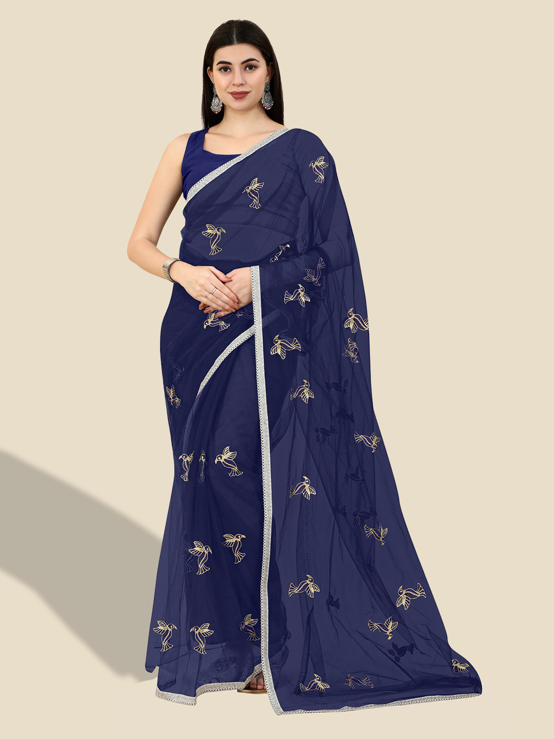 

VAIRAGEE Floral Embroidered Net Saree, Blue