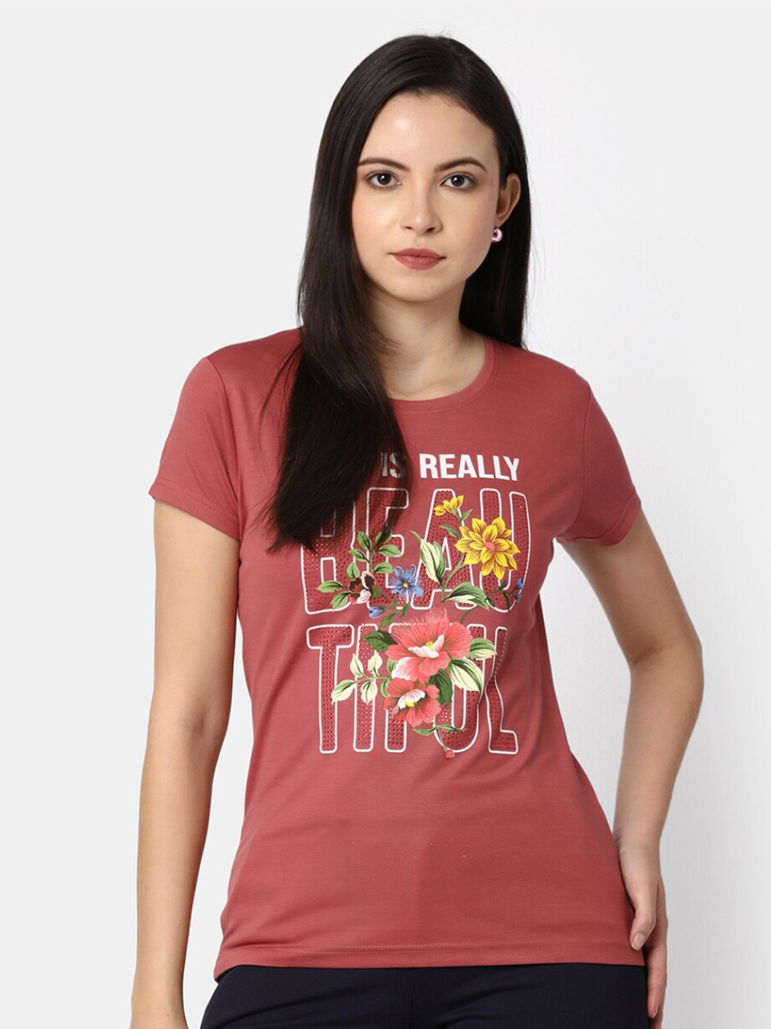 V-Mart Women Typography Printed Round Neck T-shirt, Pink
