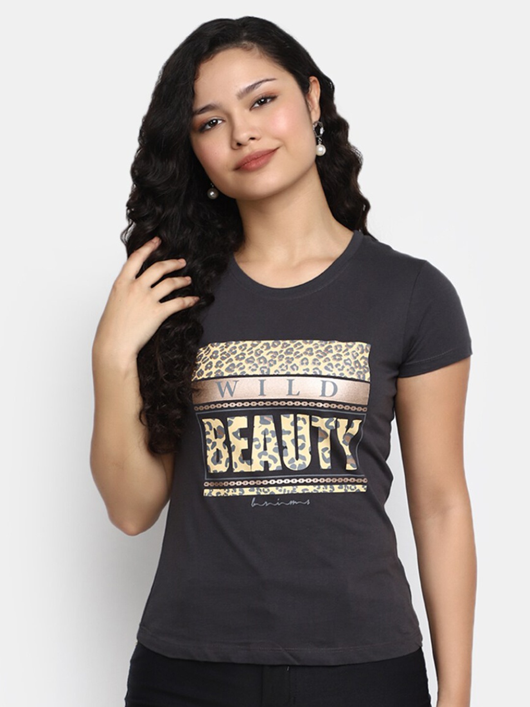

V-Mart Women Typography Printed Cotton T-shirt, Grey