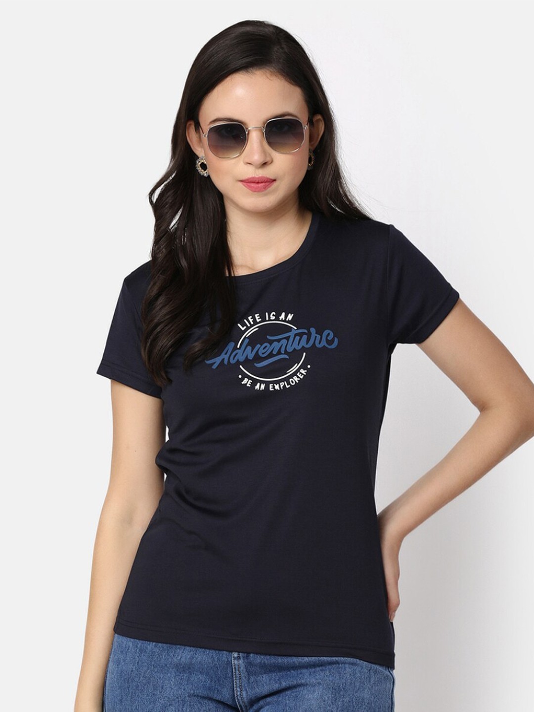 

V-Mart Women Typography Printed T-shirt, Navy blue
