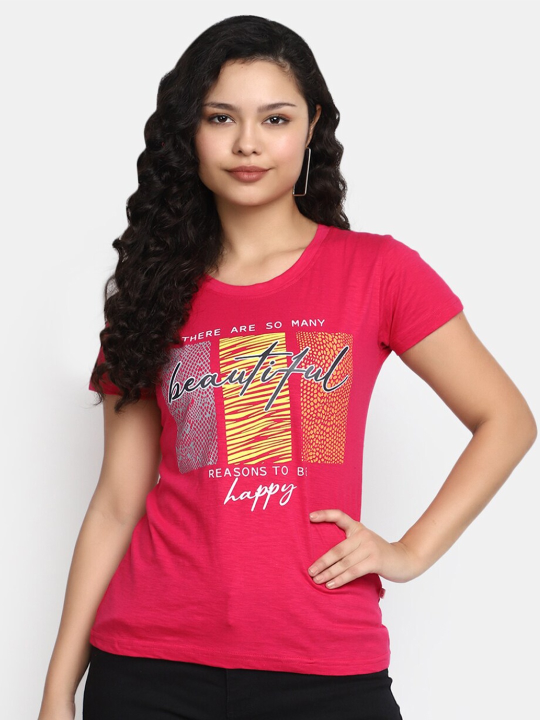 

V-Mart Women Typography Printed Cotton Slub T-shirt, Fuchsia