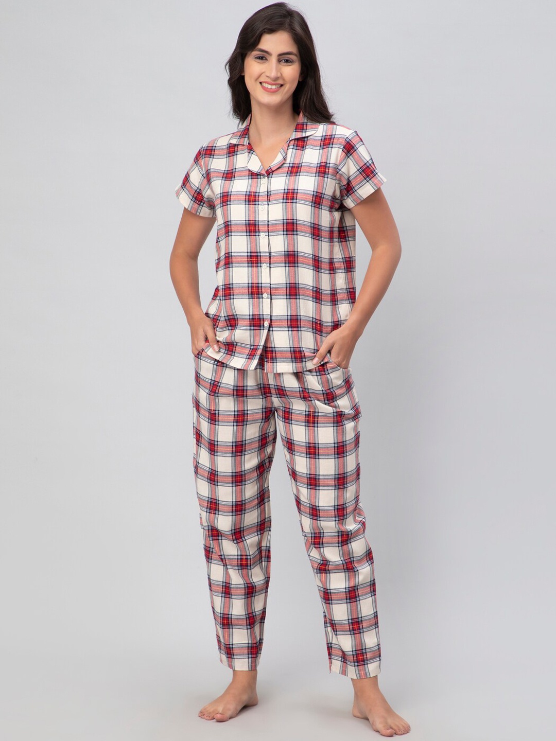 

DEBONATELLA Checked Pure Cotton Night suit, Red