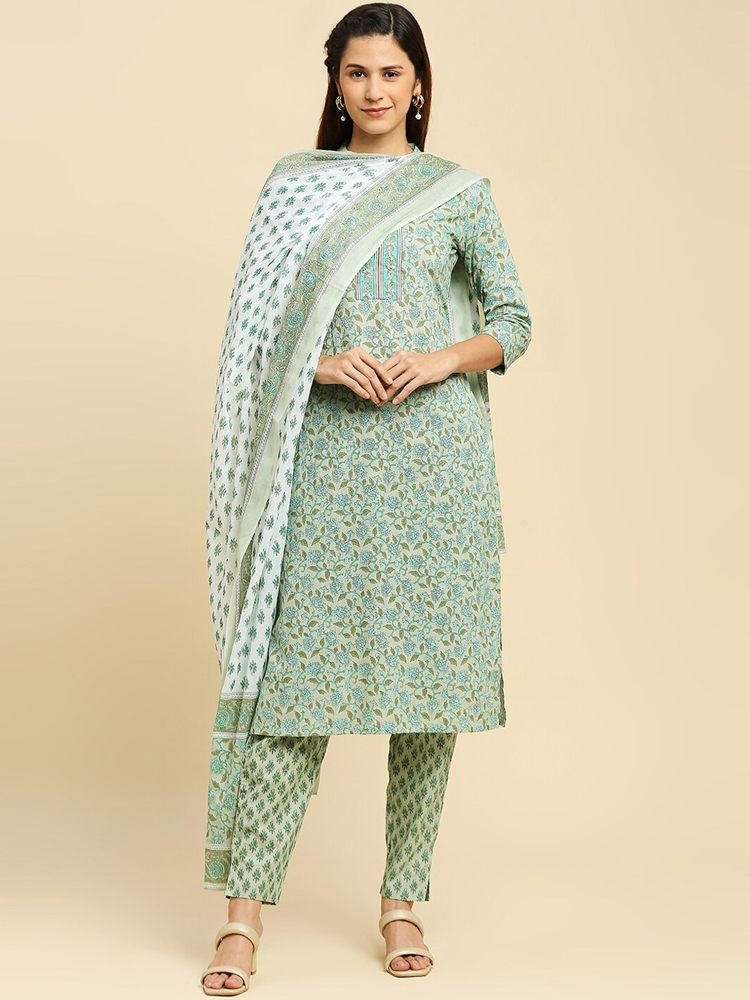 

INDYES Floral Printed Pure Cotton Straight Kurta with Trousers & Dupatta, Beige