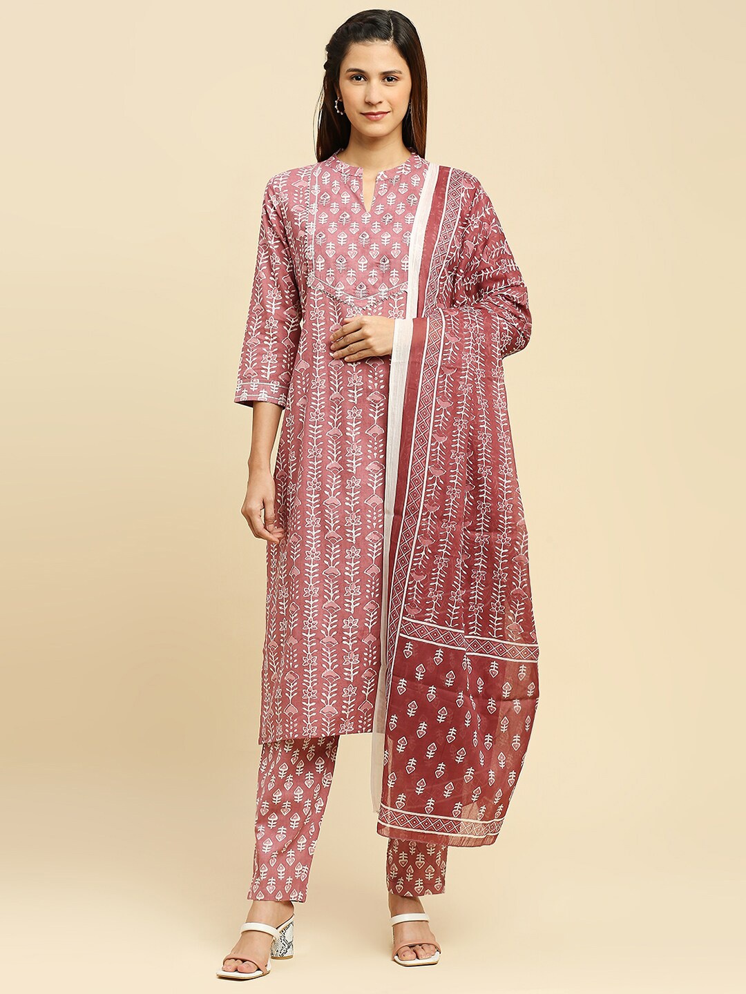 

INDYES Ethnic Motifs Printed Regular Thread Work Pure Cotton Kurta With Trousers & Dupatta, Rust