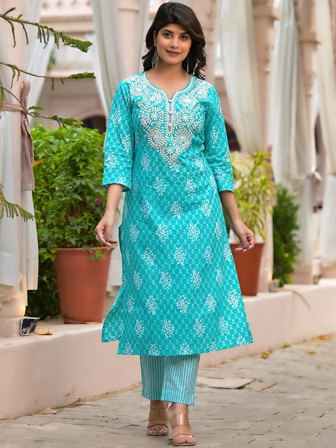 

NITVAN Ethnic Motifs Printed Thread Work Pure Cotton Kurta with Pyjamas & Dupatta, Blue