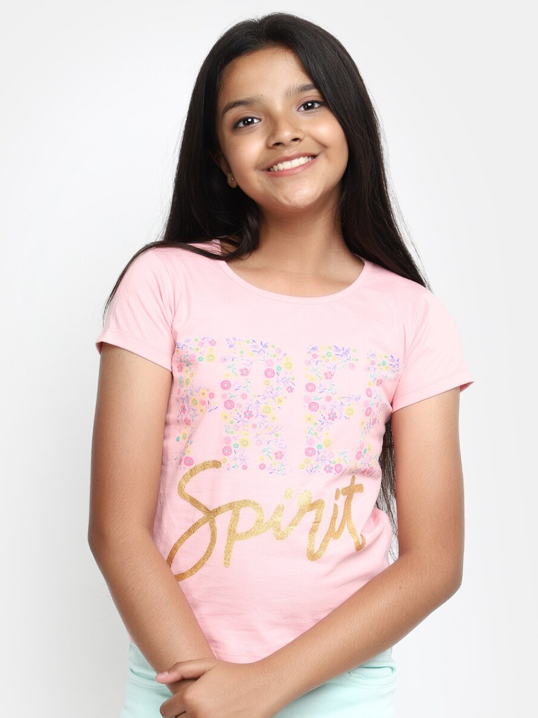 V-Mart Girls Typography Printed Cotton T-shirt, Pink