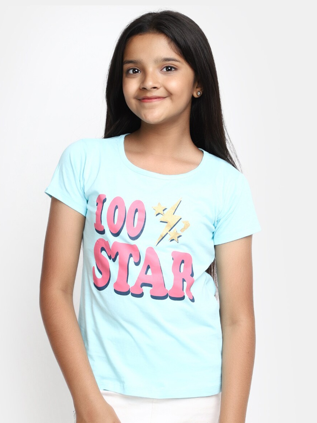 

V-Mart Girls Typography Printed Cotton T-shirt, Blue