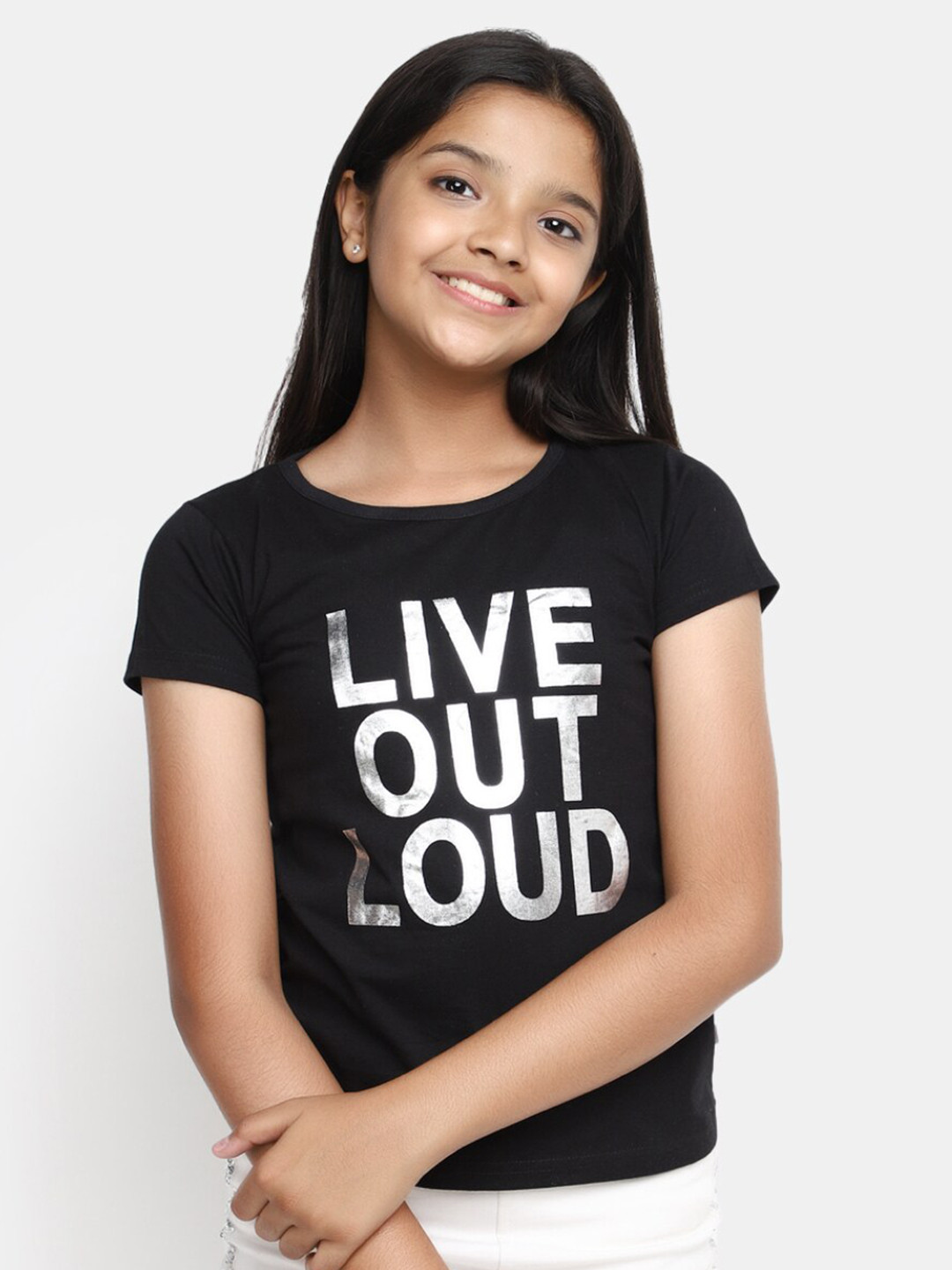 

V-Mart Girls Typography Printed Short Sleeves Cotton T-shirt, Black