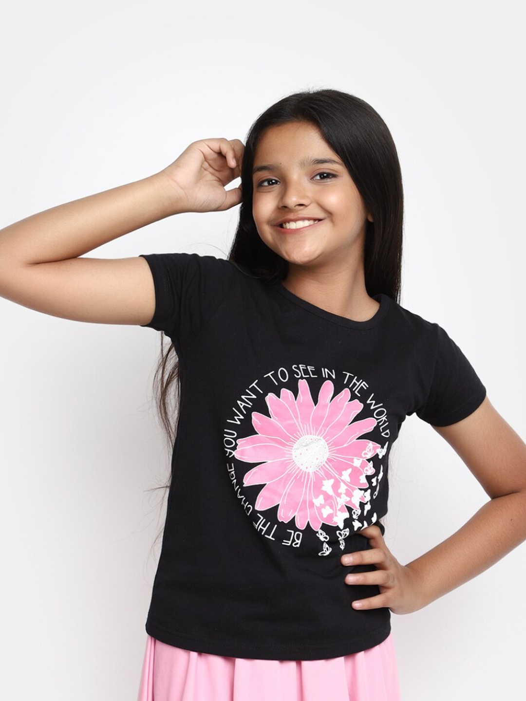 

V-Mart Girls Floral Printed Cotton T-shirt, Black
