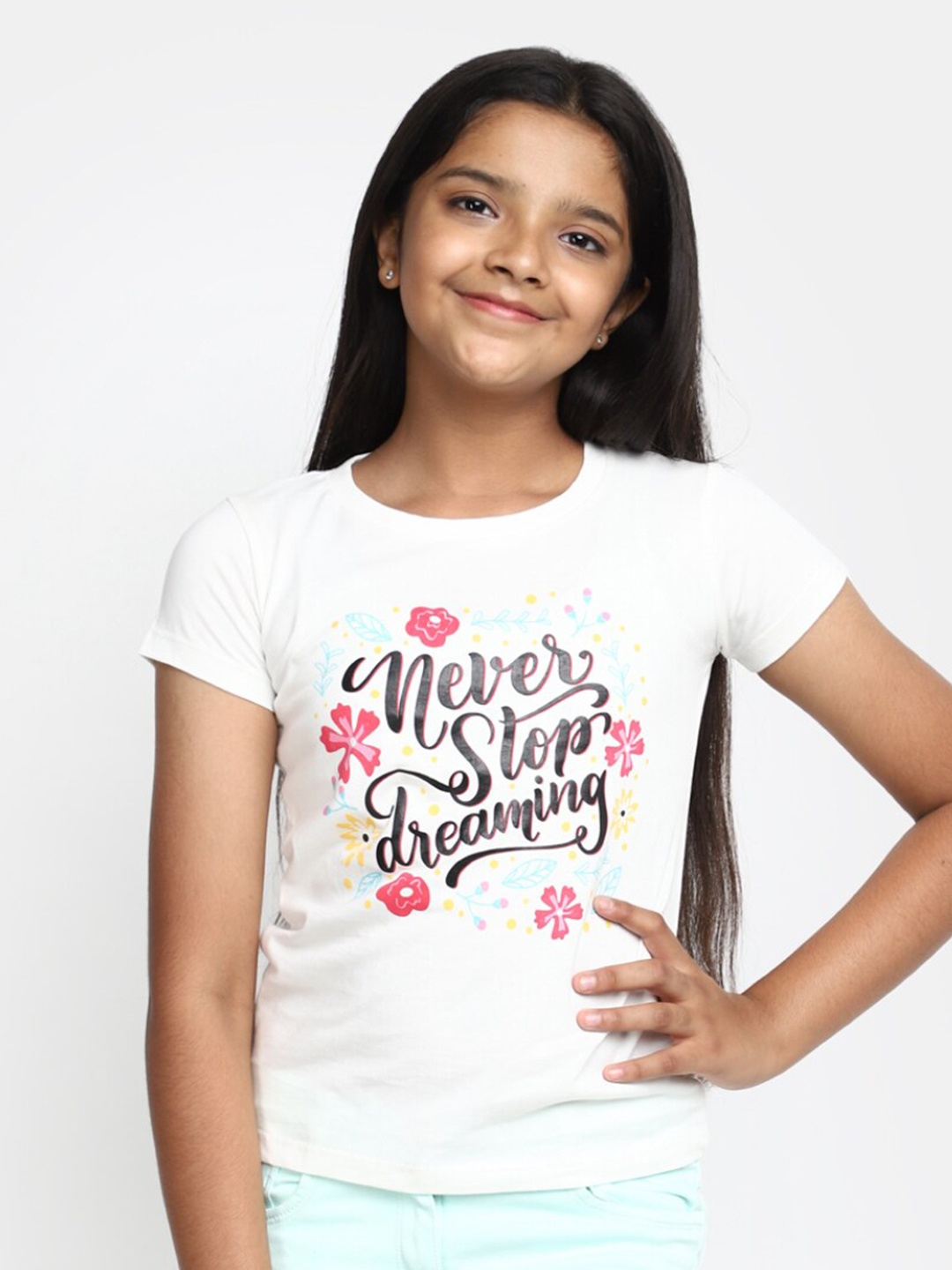 

V-Mart Girls Typography Printed Cotton T-shirt, White