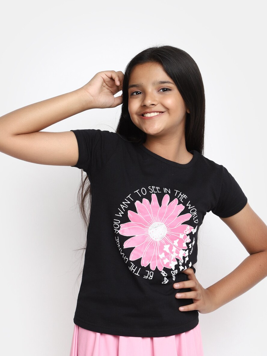 

V-Mart Girls Floral Printed Cotton T-shirt, Black