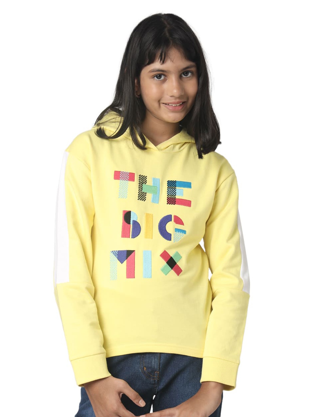 

UNDER FOURTEEN ONLY Girls Typography Printed Hooded Cotton Pullover, Yellow