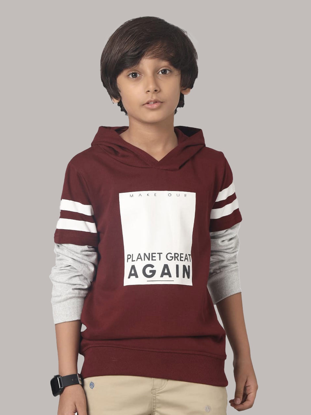 

UNDER FOURTEEN ONLY Boys Typography Printed Hooded Cotton Pullover, Maroon