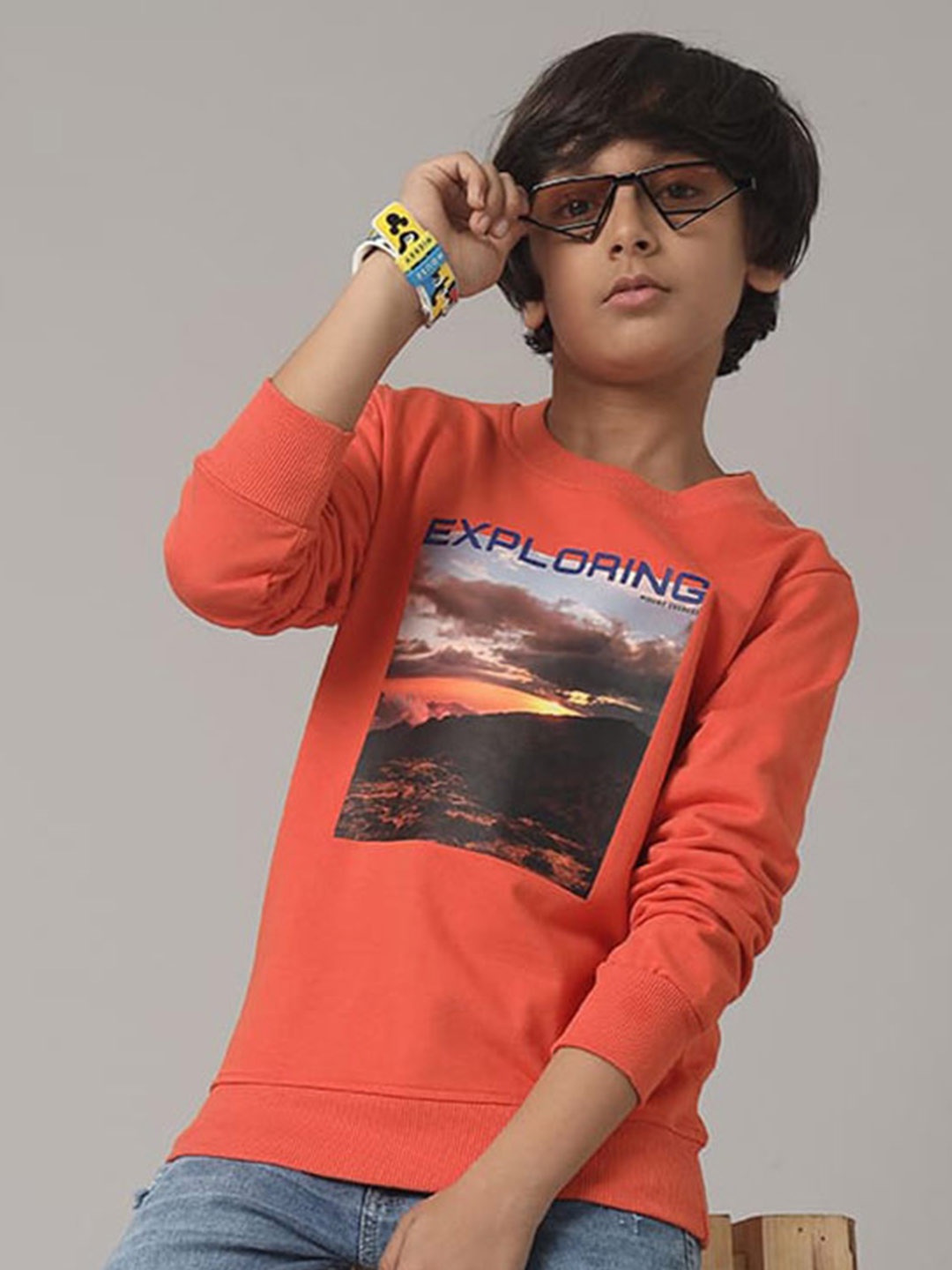 

UNDER FOURTEEN ONLY Boys Graphic Printed Long Sleeves Cotton Pullover, Orange