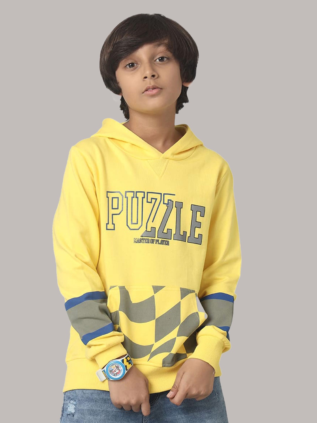 

UNDER FOURTEEN ONLY Boys Typography Printed Hooded Cotton Pullover, Yellow